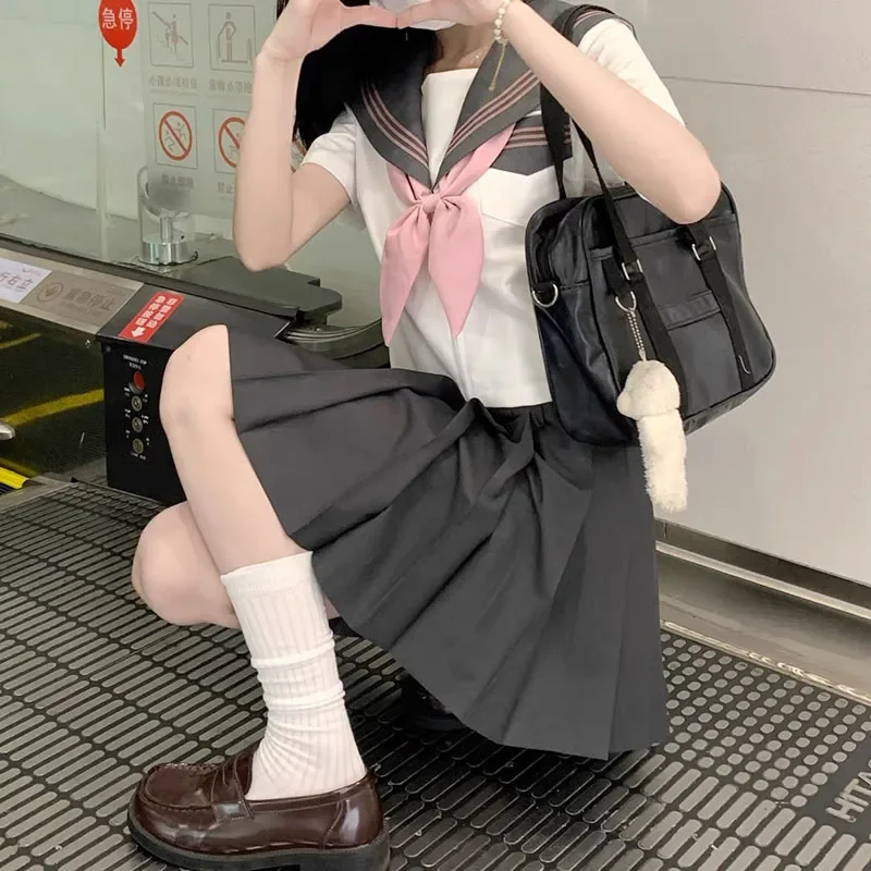 

Korean Japanese embroidered new gray JK uniform sailor suit spring and autumn long-sleeved college style pleated skirt suit