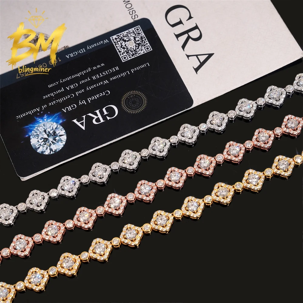 Blingminer 8mm VVS Moissanite Flower Cuban Link Chain Iced Out Necklaces For Men S925 Silver Jewelry With GRA Free Shipping