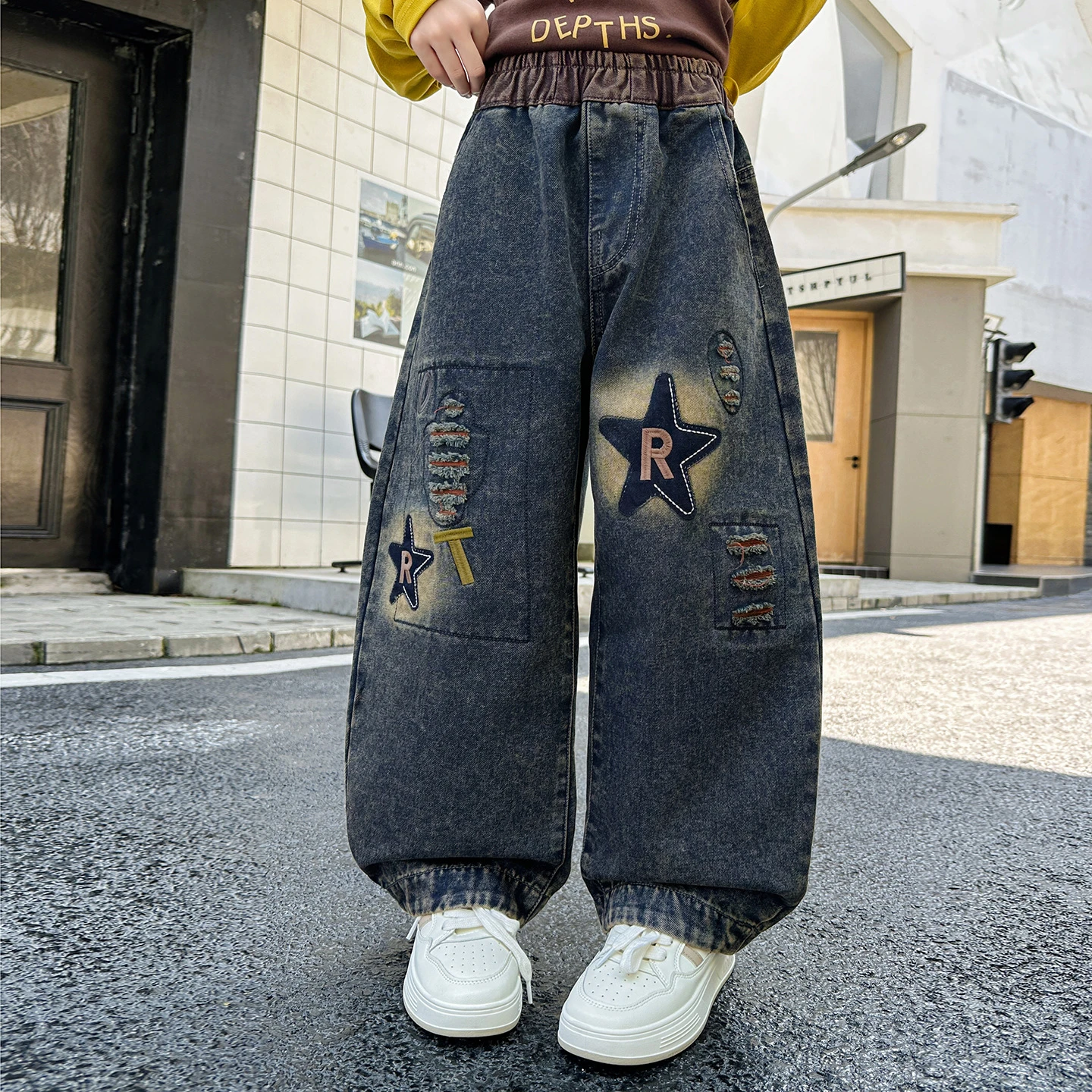 American Retro Washed Jeans Pants Design Ripped Girls' Retro Patchwork Embroidered Jeans Kids Loose Trousers