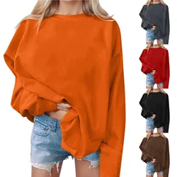 Women's Casual Fashion Solid Color Long Sleeve O-Neck Sweatshirts Pullover Top