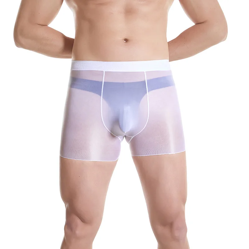 Ultra-Thin Sexy Transparent Boxes Men's Oil Shinny Silky Underwear Sexy Briefs Pouch High-Elastic Shorts Mesh See Through Panty