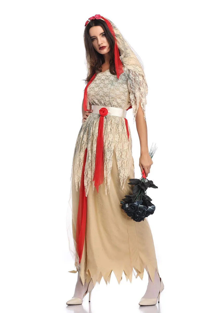 Fsia de Noiva Fsma de Terror de loween Tamanho ande Noiva Deus Morto Vestido de Renda Zumbi Fsia Étnica Femi...