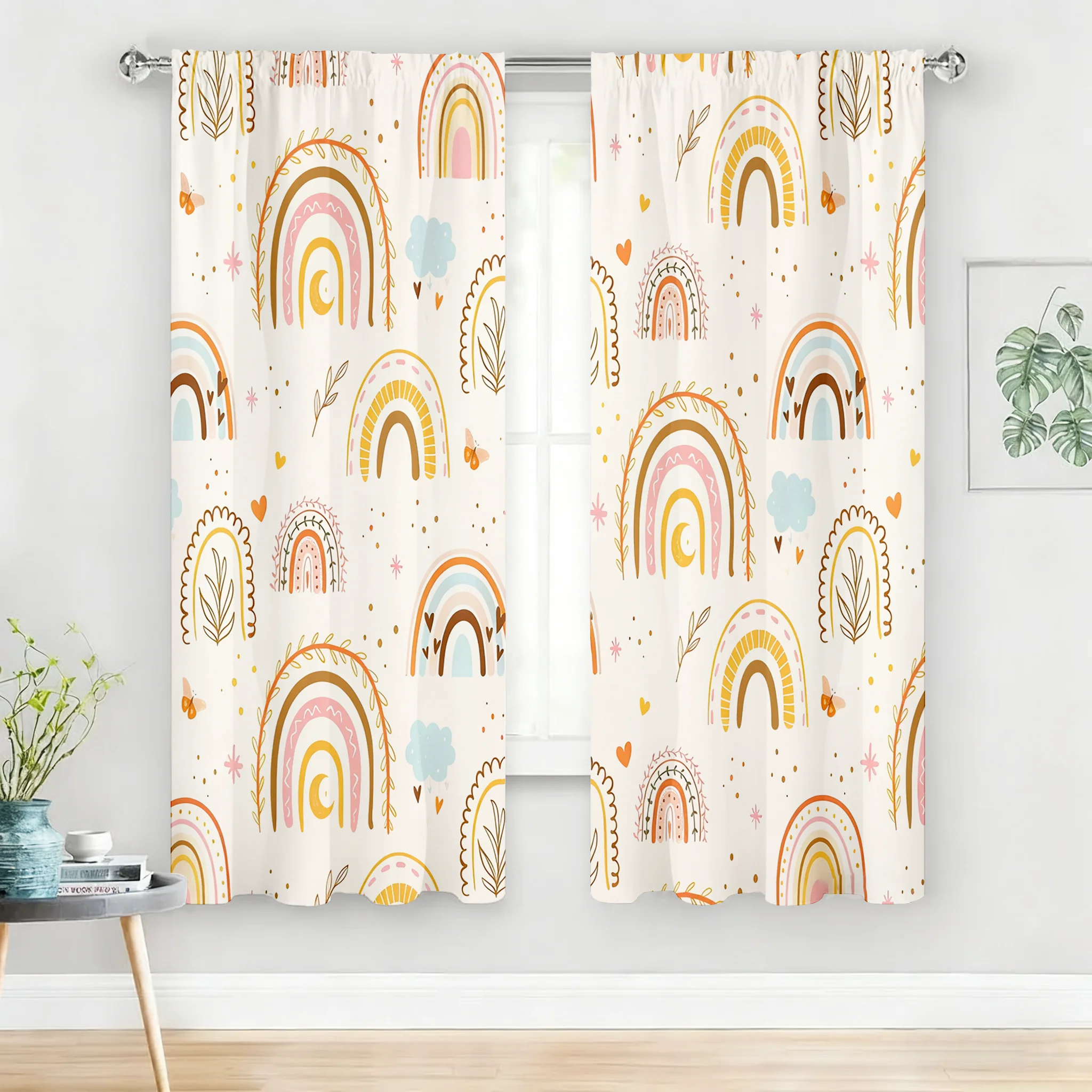 2PC Boho Rainbow Curtains - Pastel Rainbow & Floral Print Window Drapes for Girls Bedroom Nursery Decor