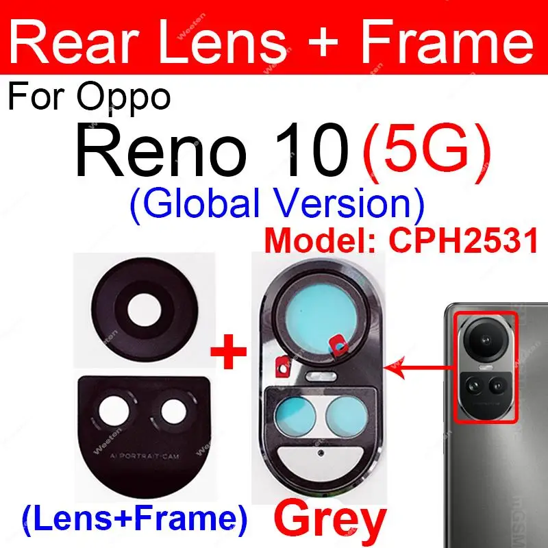 غطاء عدسة زجاجية رئيسية خلفية لهاتف OPPO Reno 10 10 Pro 10pro 5G عدسة زجاجية للكاميرا الخلفية العالمية مع ملصق مع حامل الإطار