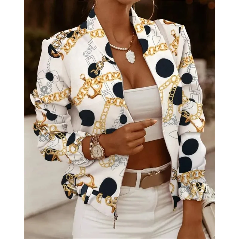 プリントボンバーバイカージャケット女性の春秋花柄カジュアル長袖ポケットストリートウェアコート女性ジッパースリムアウター