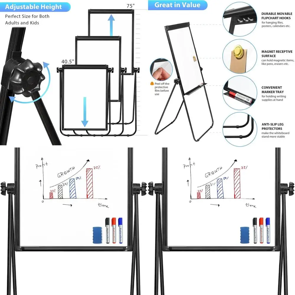 

Double-Sided Portable Magnetic Whiteboard, 40x28 Inches, Dry-Erase Flipchart Easel for Home and Office Use