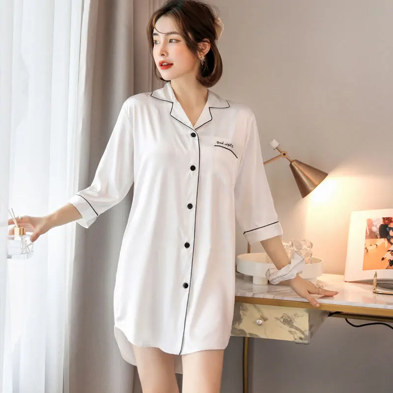 Simulated Silk White Women Nightdress Summer Sexy Thin Shirt Button Medium Long Spring Autumn Private Room Pajamas Khaki Clothes