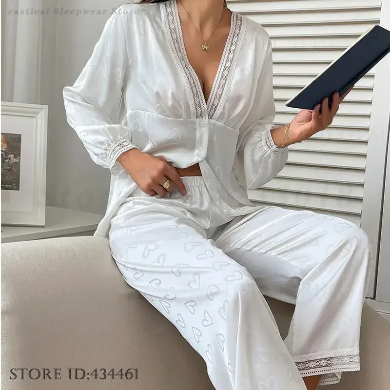 

New Female Pajamas Set Spring Autumn Long Sleeve Trouser Pijamas Suit Sleepwear Loose Casual Ice Silk Home Clothes Loungewear