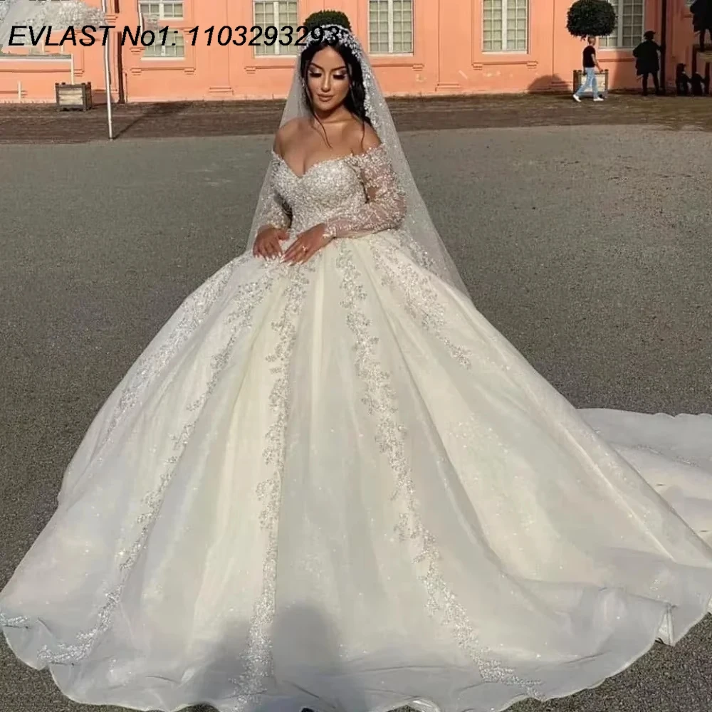 

Свадебное платье EVLAST на заказ, винтажное, с V-образным вырезом, открытыми плечами, блестящими пайетками, длинное, модель Vestido De Novia 2025 TBD28