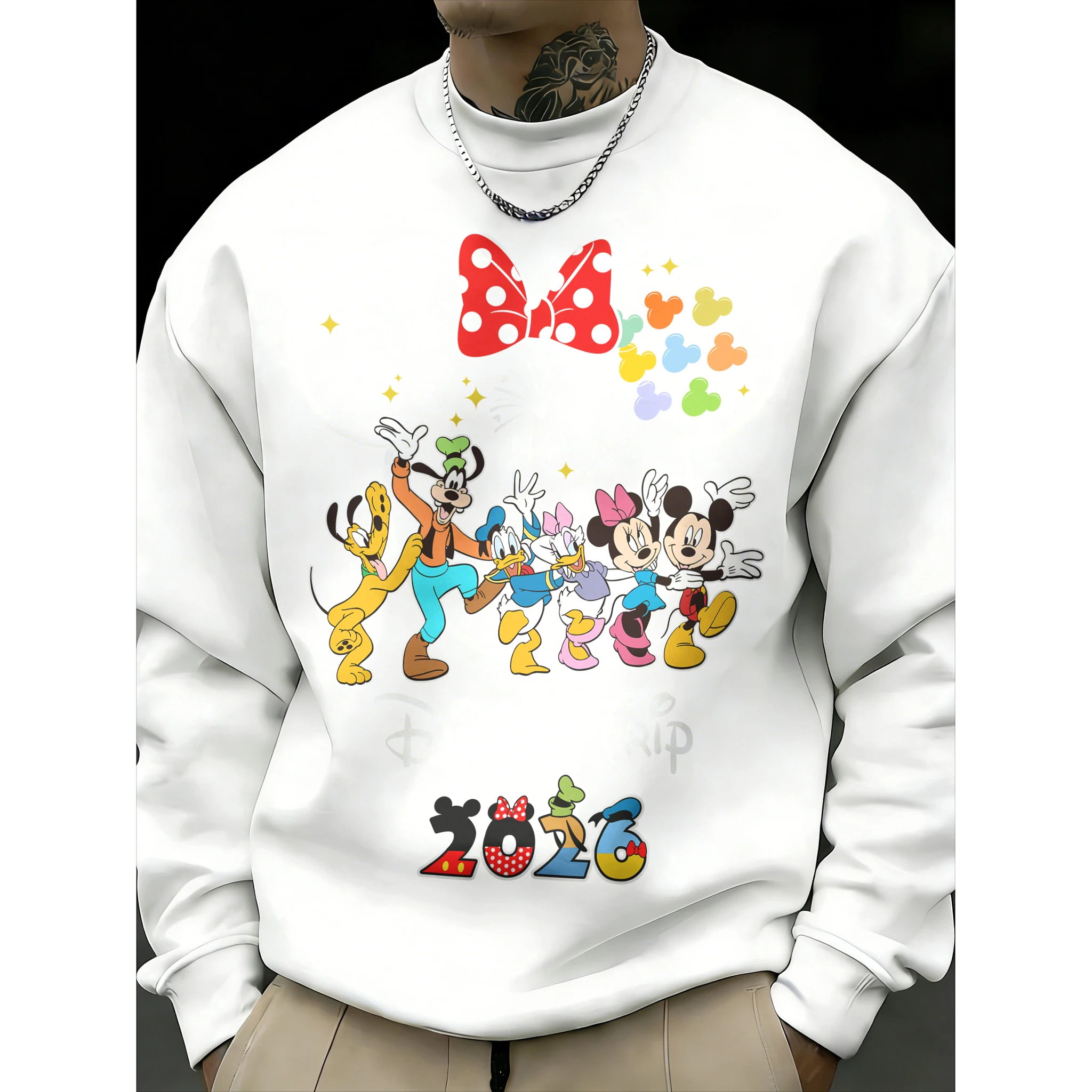 

Мужской свитер с круглым вырезом и принтом «Диснейленд», осень-зима 2026, модный, с начесом, из хлопка, теплый, свободный, повседневный