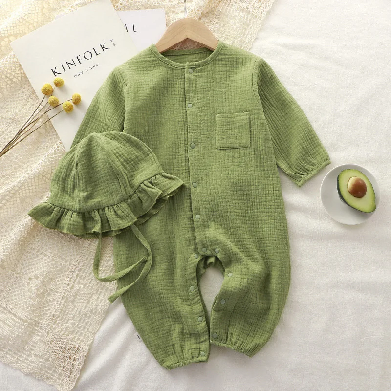 Muslin Baby Jumpsuit Hat Long Sleeve Cotton Toddler Romper for Boys Girls Solid Color Spring Autumn Baby Clothes Newborn Onesie