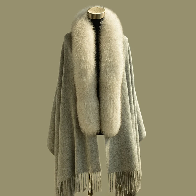Pure 100% Wool Shoulder Wrap with Extended Real  Fox Fur Collar for Women Wedding  Party Fur Cloak Autumn Winter Fashion Cape