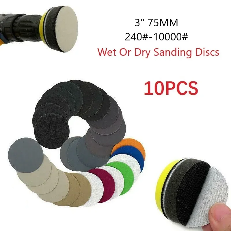 10Pcs Wet/Dry Sandpaper 3 Inch 75MM Hook And Loop Silicon Carbide 240-10000 Grits Waterproof Sanding Disc