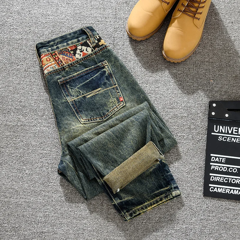 レトロアメリカントレンディブランドスプライシング刺繍プリントハーレンパンツメンズルーズストレートチューブノスタルジックジーンズ