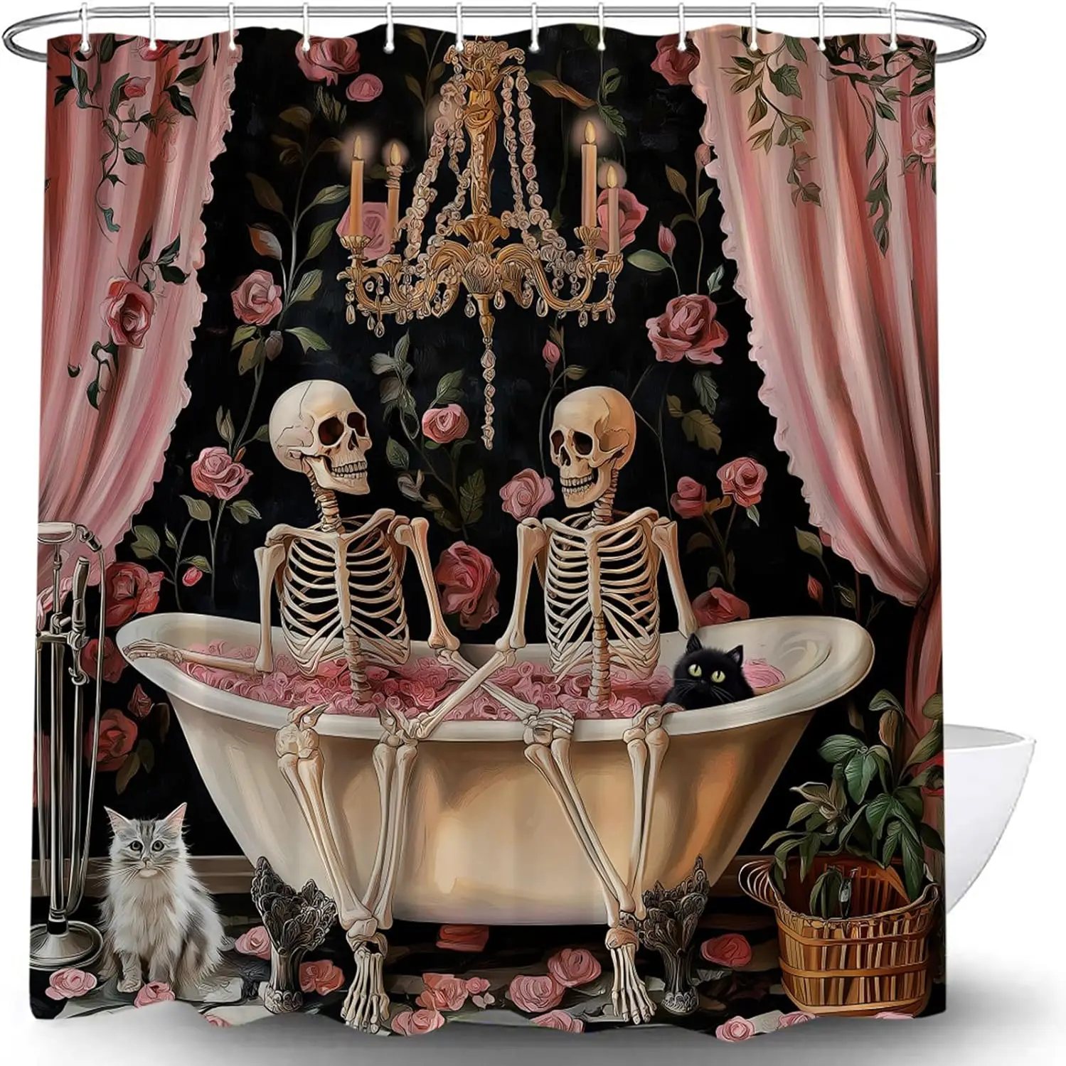 Funny Skull Skeleton Shower Curtain Gothic Spooky Skeleton Lovers in Bathtub Pink Rose Floral Black Cat Halloween Creepy Horror