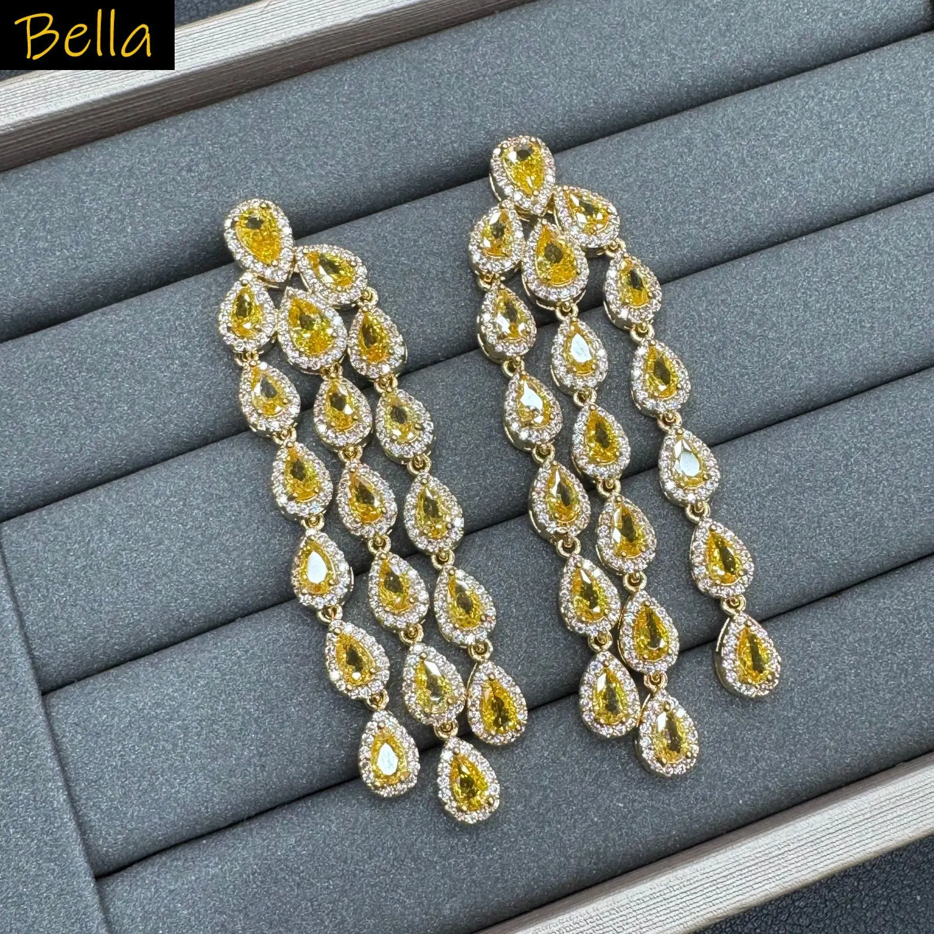long tassel earrings for women wedding dinner party luxury jewelry yellow blue white cubic zirconia water drop earrings