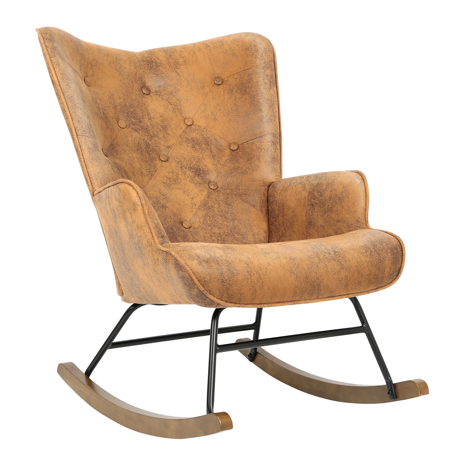 Rocker Glider Chair Polyester Fabric Modern Rocking Chair with Wooden Base High Backrest and Armrests Padded Seat