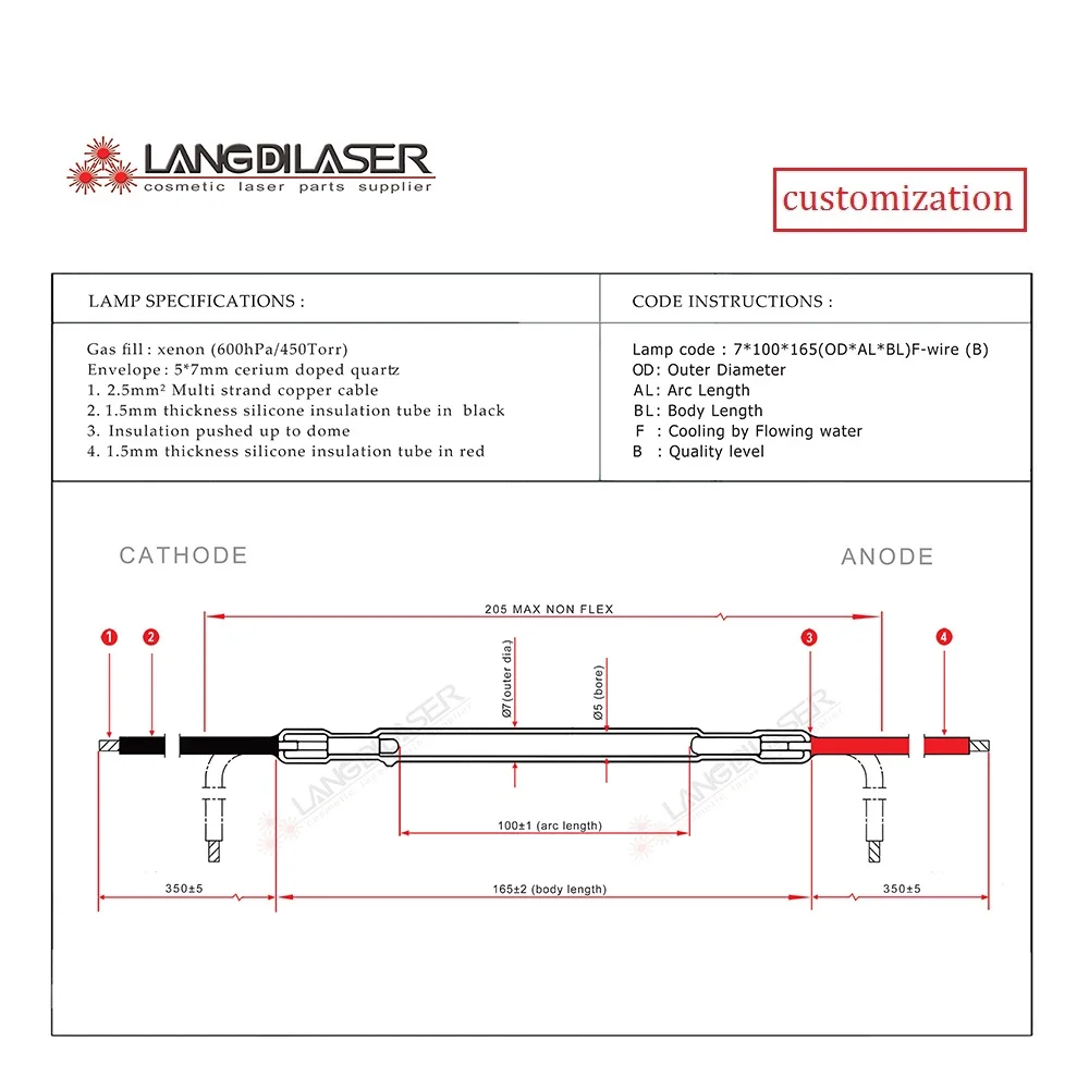 Customization Xenon Flash Lamp 7*100*165F With Long Cable (350mm Each Ending ) For ND:YAG Welding Machine