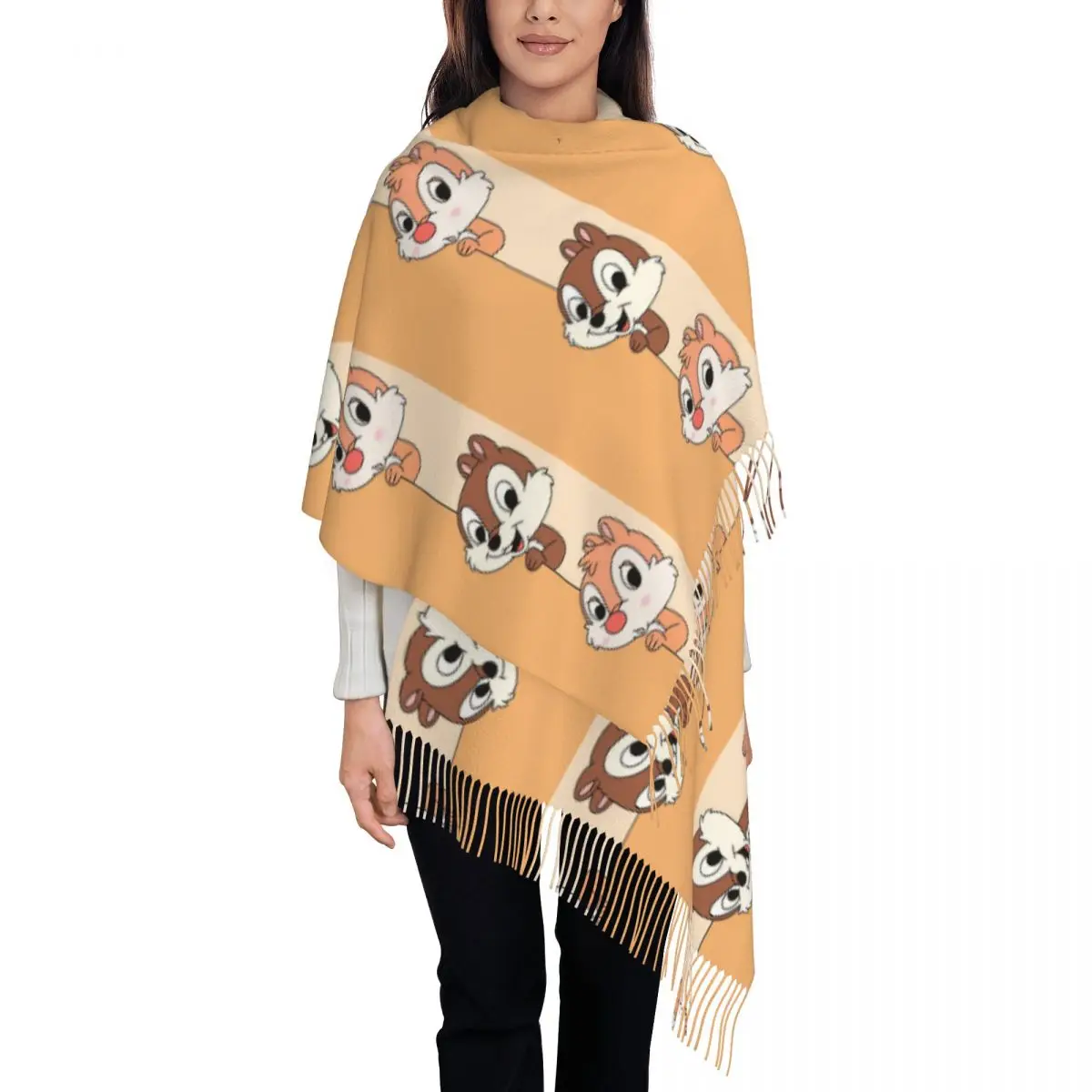 Custom Chip Dale Chipmunk Tassel Scarf Women Winter Fall Warm Shawls Wraps Ladies Scarves