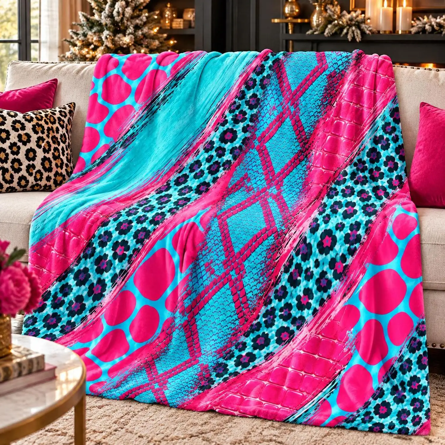 [Flannel Blanket] Pink Turquoise Animal Print Blanket, Leopard Print Snake Skin Blanket, Bold and Luxurious Bedroom Decor