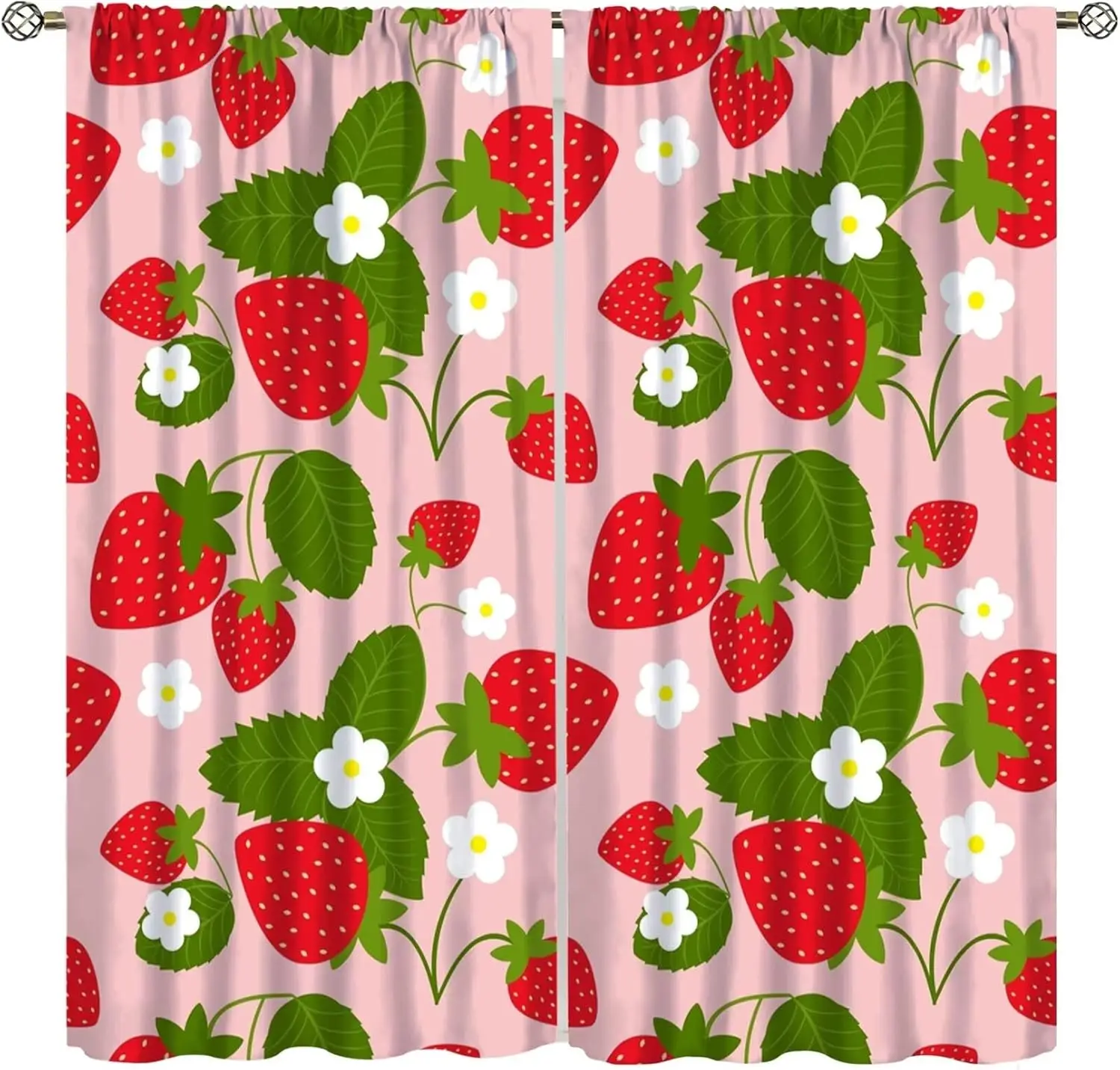 Fruit Window Curtains,Pink Cute Strawberry Green Leaves Flower Retro Art Print Window Drapes for Kids Girls Bedroom Living Room