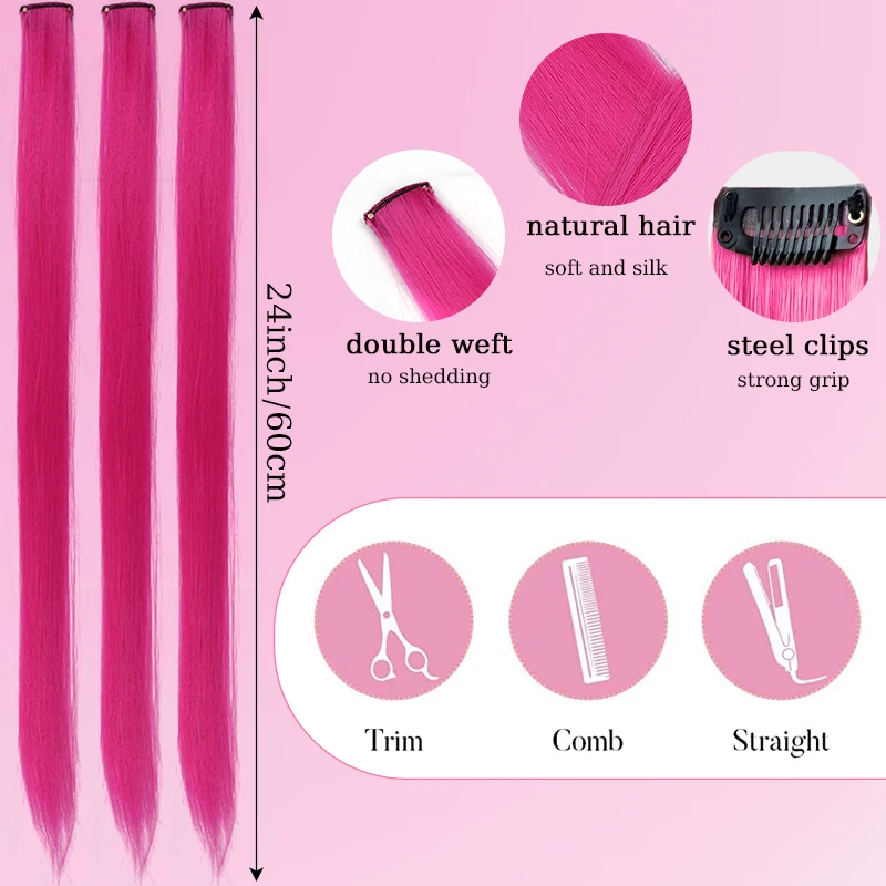 10 Uds. Extensiones de cabello con Clip rosa, peluca con reflejos para fiesta, peluca recta de color sintético para niñas y niños, uso en fiesta de Navidad
