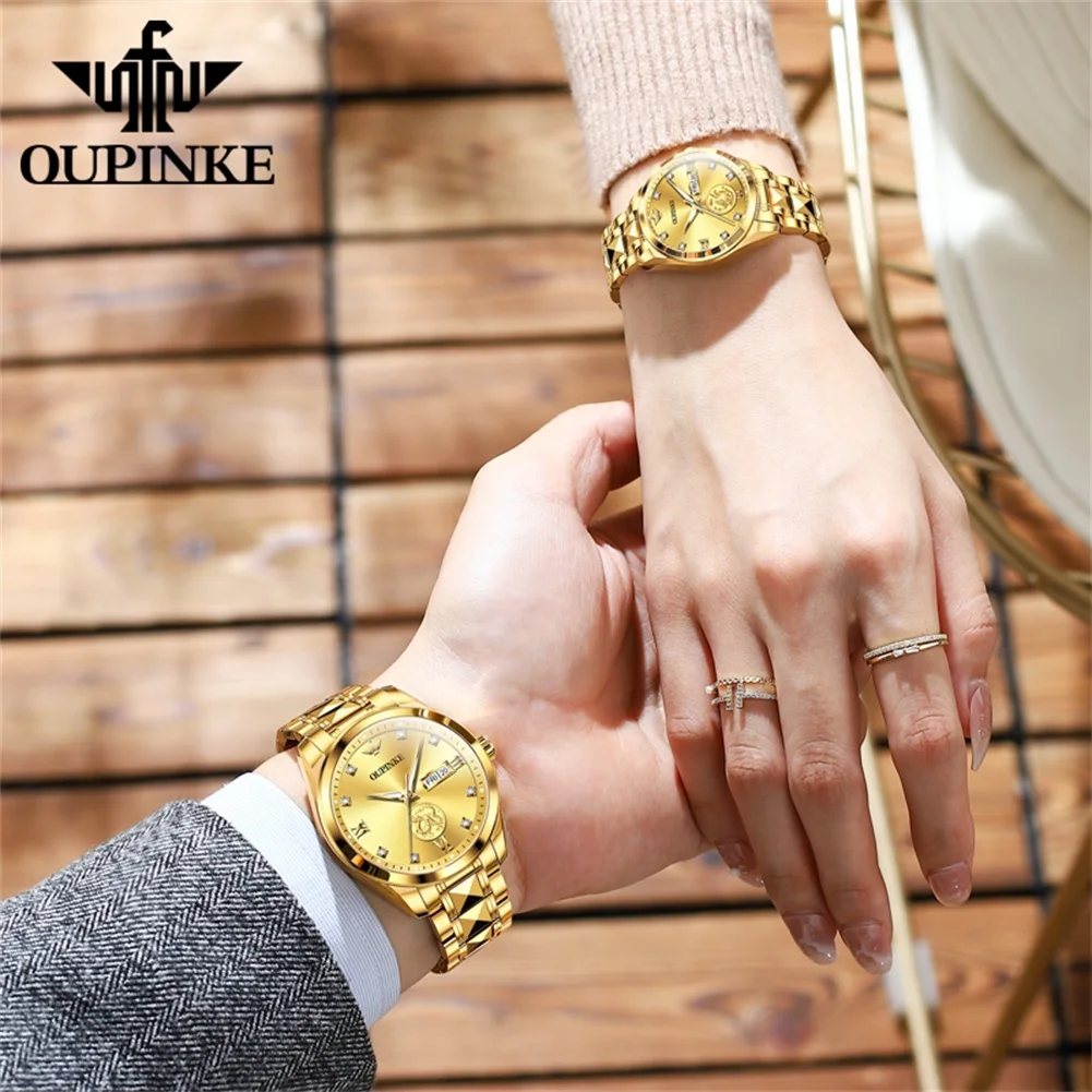 PINKE-Montre-bracelet vissée pour couple, or véritable, diamant véritable, bracelet en acier au tungstène, miroir saphir, cadeaux de luxe, ensembles de montres pour lui