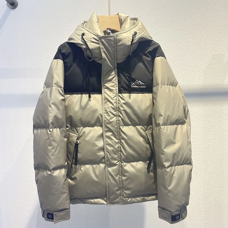 

2024 Autumn and Winter Fashion Hooded Color Blocked Cotton Jacket Men's New Loose and Thick Short Parkas Male Clothing