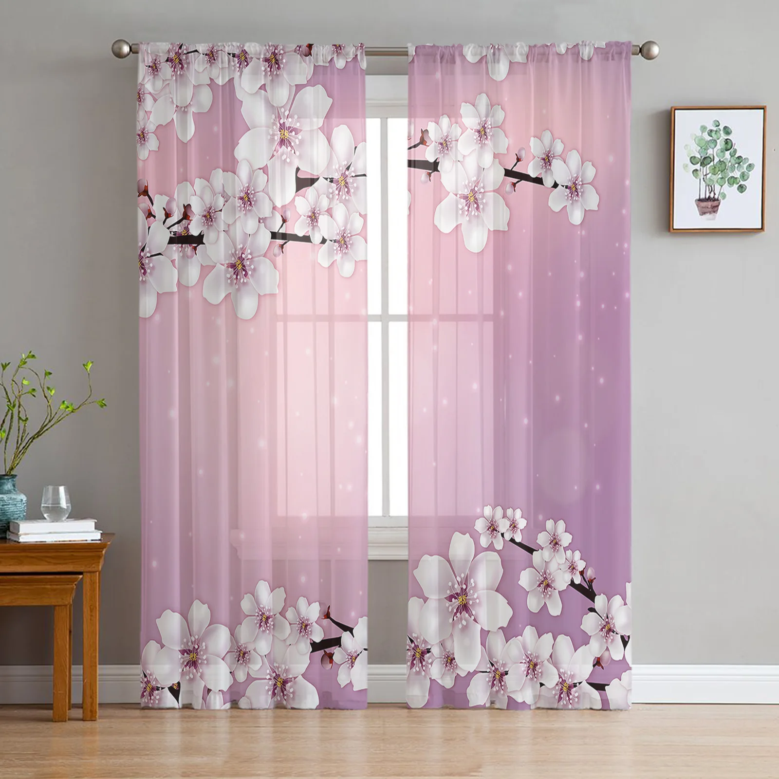 Spring Cherry Blossom Dream Gradient Sheer Curtains Living Room Bedroom Kitchen Decoration Window Voiles Organza Tulle Curtain