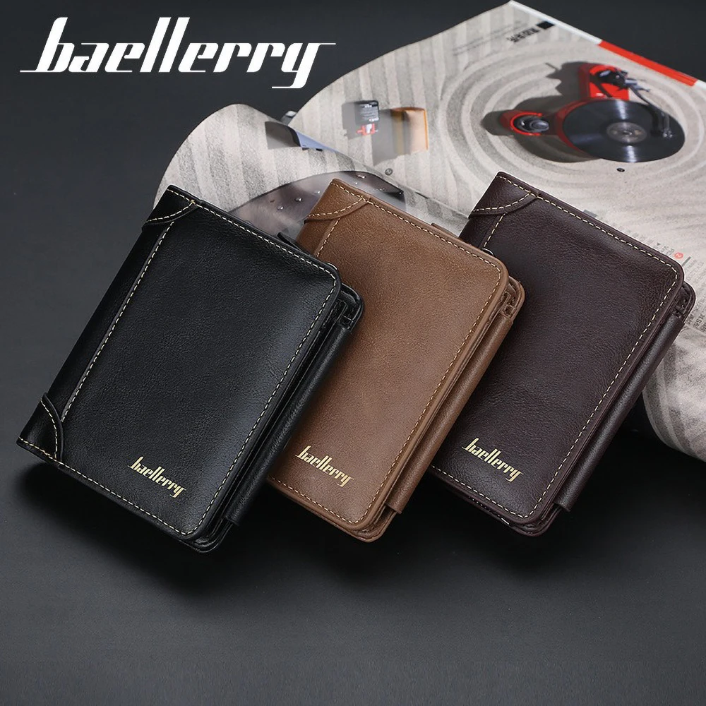 Baellerry Cartera corta para hombre de piel sintética personalizada con bloqueo RfID en relieve bolsillo frontal regalo