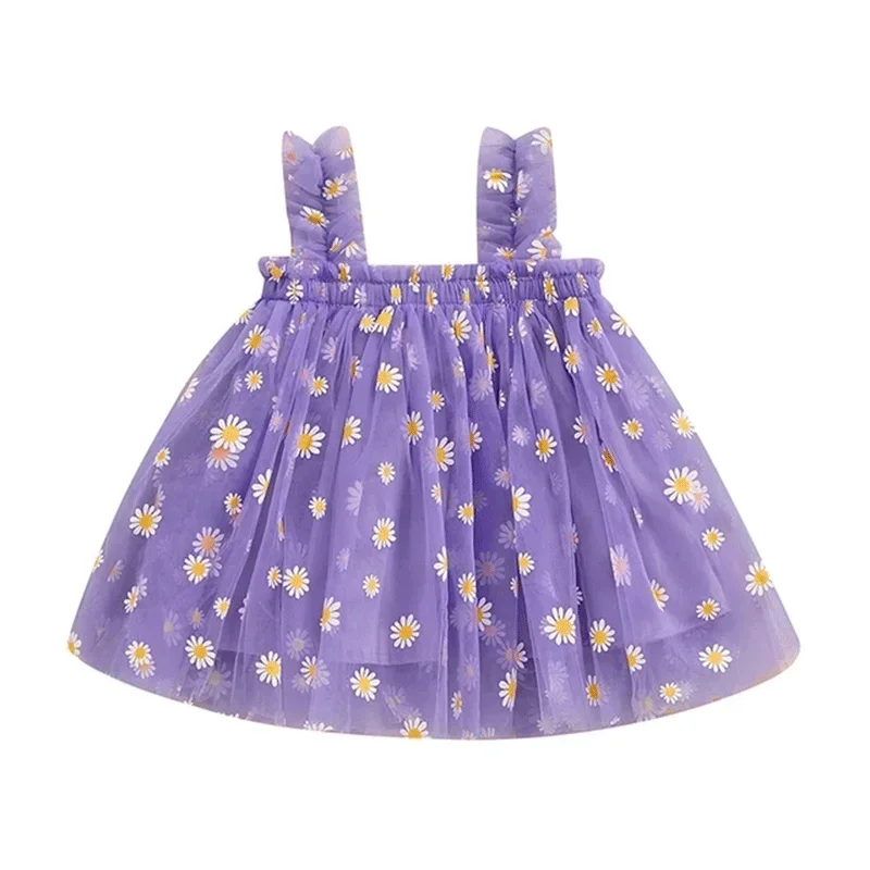 Vestido de tul de verano para niñas, vestido Floral de Margarita para fiesta de cumpleaños, sin mangas, con tirantes, ropa informal para niñas