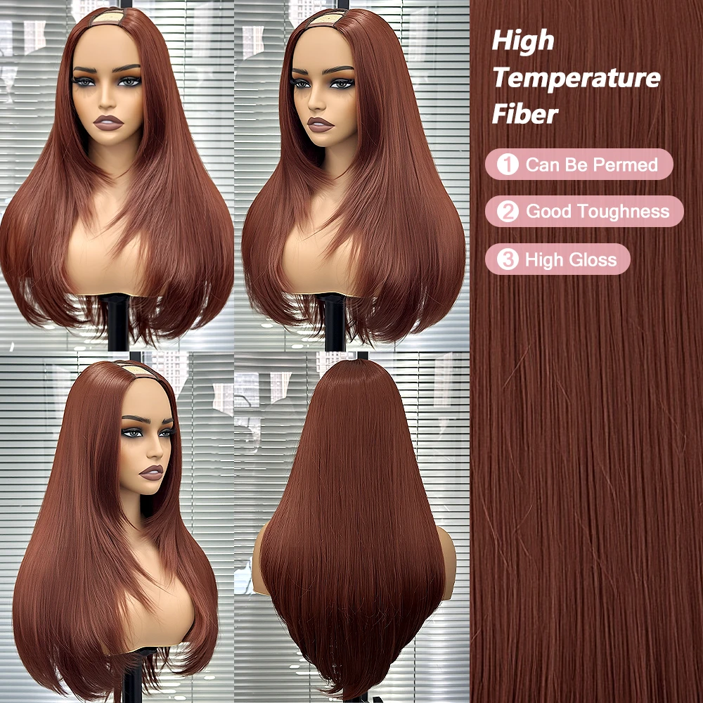 Parrucche con parte a V a strati rosso rame per donne nere Parrucche sintetiche resistenti al calore senza colla con taglio di capelli a farfalla diritta marrone rossastro