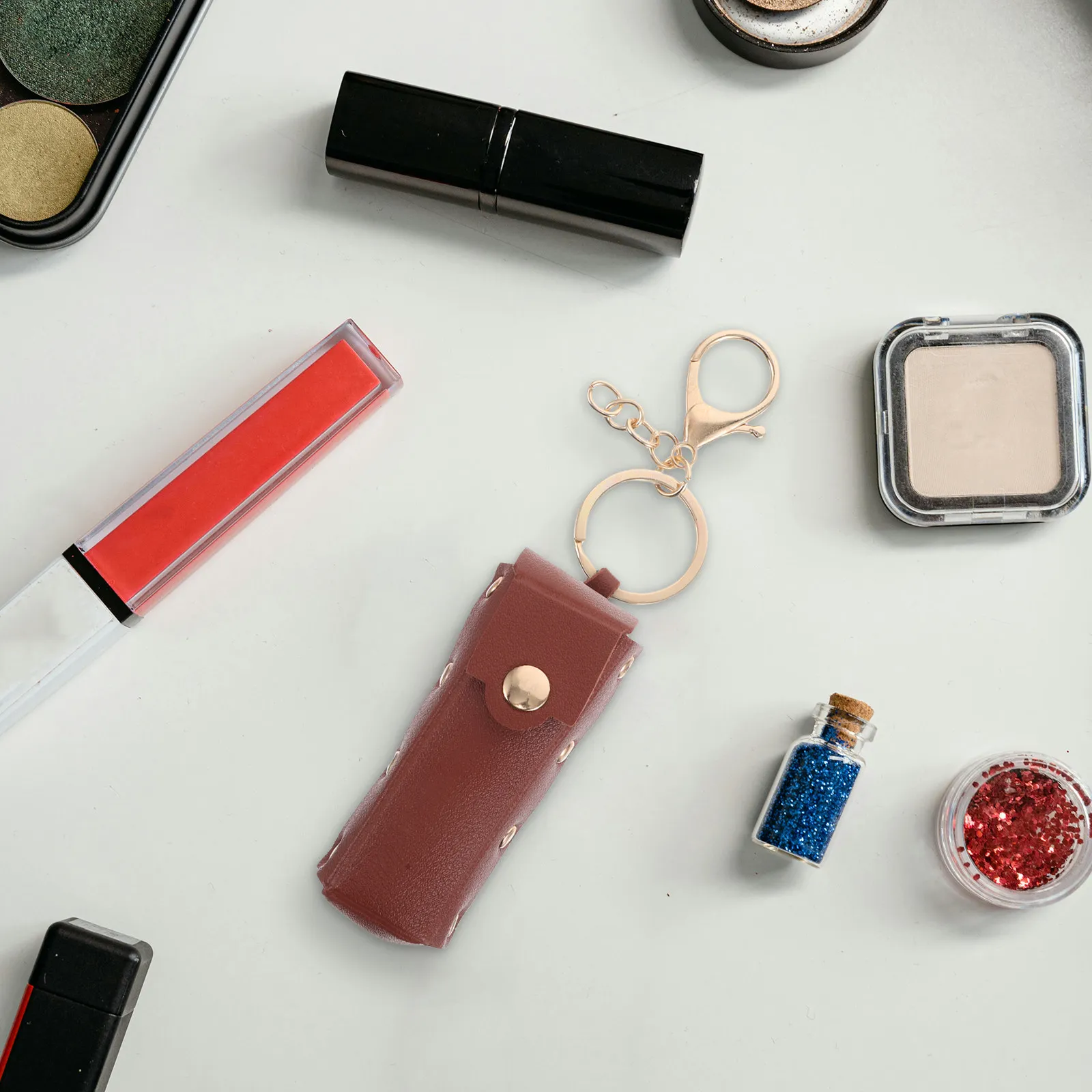 Porta-batom Portátil de PU com Chaveiro, Bolsa Vintage para Viagem, Estojo Protetor para Batom e Brilho Labial
