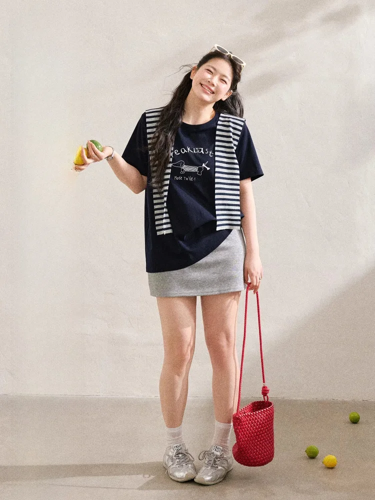 

Loose Korean Style Women's Summer Outfit Grey Dog T-Shirt Shawl High Waist Short Skirt Set plus Size Fashion Casual Commute