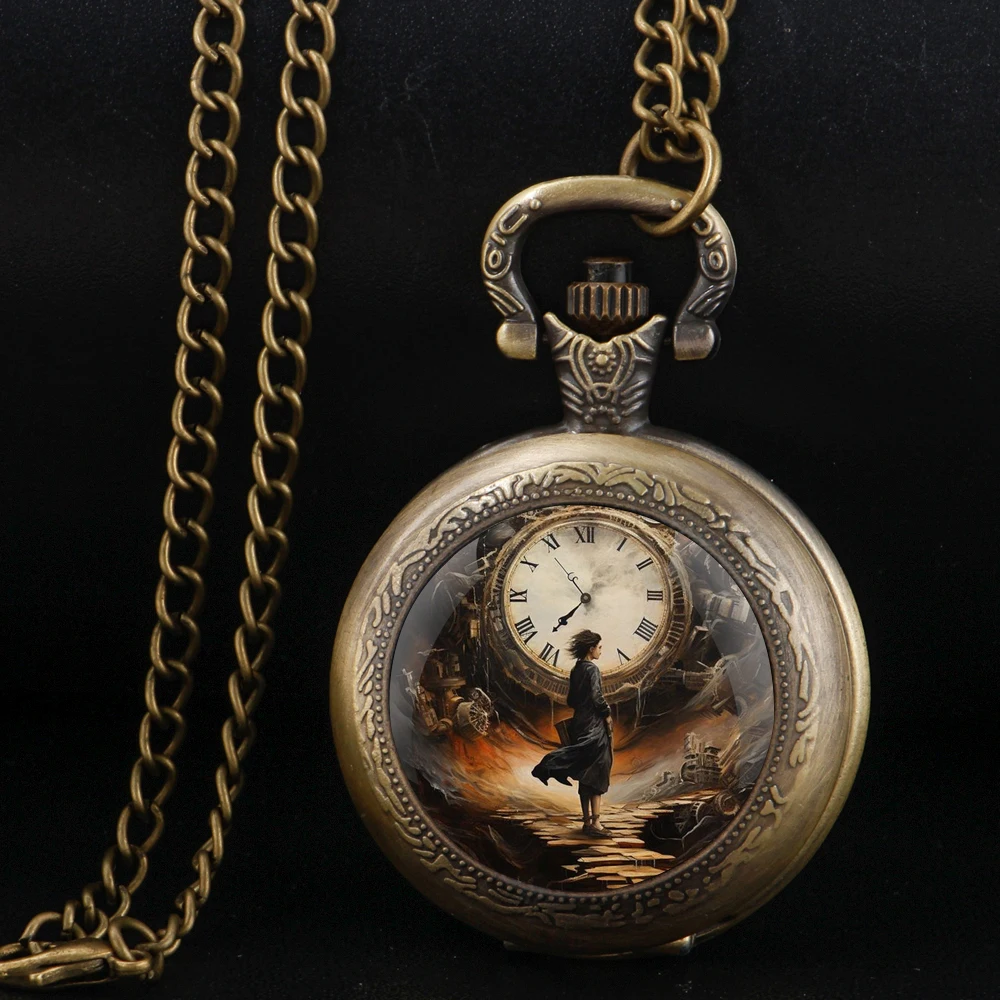 Bronze Quartz Pocket Watch for Women Men Unique Time Machine Design Vintage Clock Watches Chain Jewelry Pendant Gift