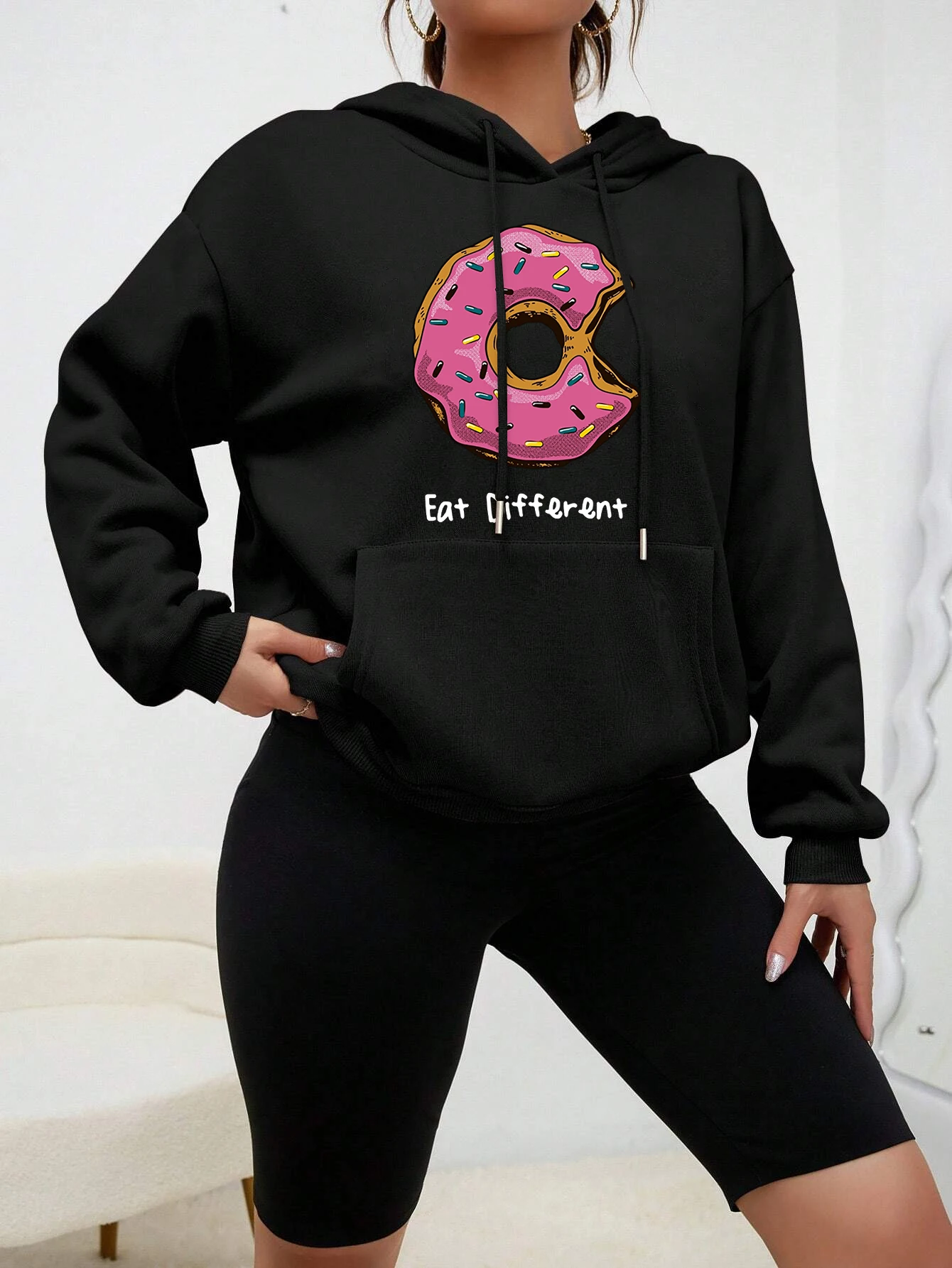 Eat Different Cartoon Donuts Printing Hoody Women Hip Hop Style Hoodie Fleece Warm Sweatshirt Autumn Comfortable Clothing