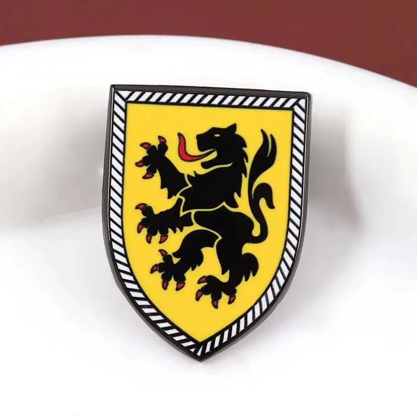 Flemish Lion Enamel Pin Flanders Belgium Coat of Arms Brooch German Black Lion on Yellow Shield Metal Badge Heraldic Jewelry Gif