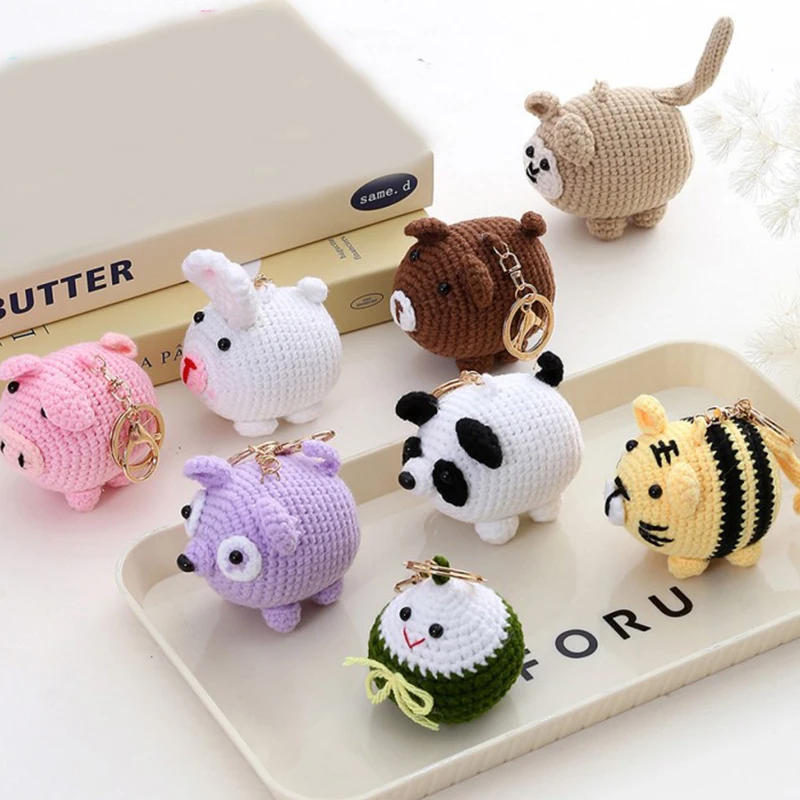 Funny Animal Series Knitted Doll Keychain Handmaking Knit Tiger Keyrings Small Pig Crochet Keychain For Bag Pendant Wholesale