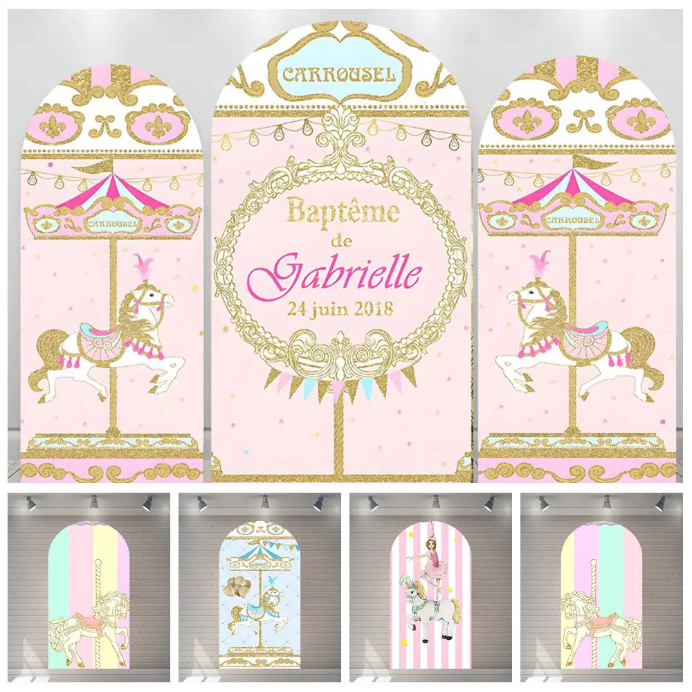 

Cartoon Pink Fantasy Carousel Girl Baby Kid Gift Birthday Party Arch Backdrop Custom KidRoom Photography Poster Decor Background