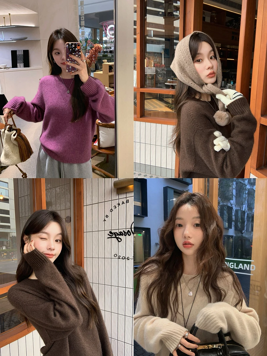 

Женский вязаный свитер Zhang Beibei Sl из тибетской шерсти яка, теплый, повседневный, с круглым вырезом, модный, зима 2024