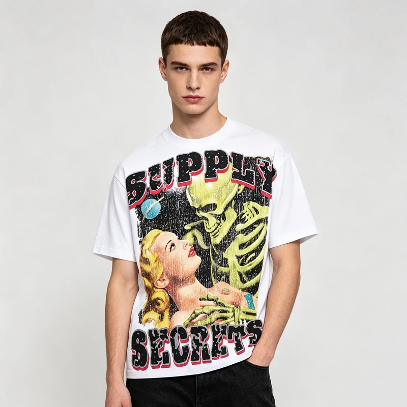 Space Skull Astronaut Grafik T-Shirt Herren Strass-Nieten-Verzierung Übergroßes Sommer Y2K Streetwear Baumwoll-Rundhals-T-Shirt – Detail 5