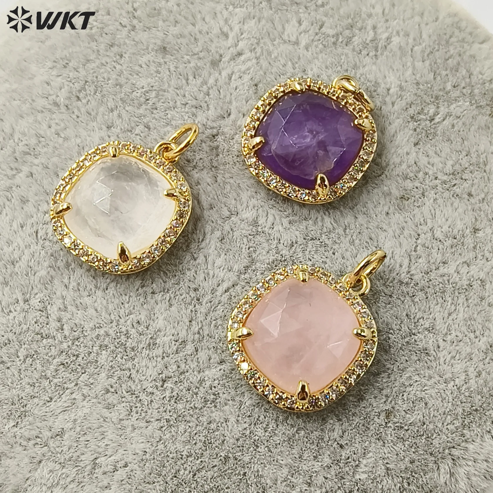 WT-MP268 Delicate Tiny Prong Setting Square Natural Gemstone charm Pendants Variety of Stone Single Hoop For Jewelry Design