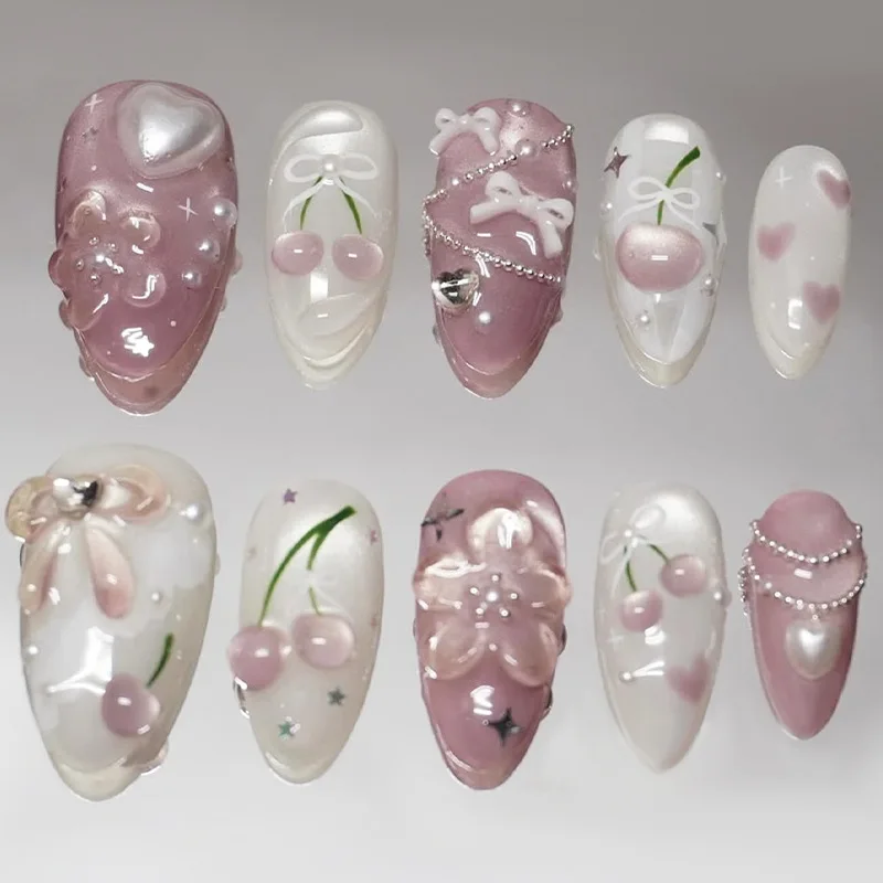 24 Uñas Postizas con Diamantes Brillantes, Lazo Rosa Dulce, Flores Delicadas y Perlas, Uñas Francesas Almendradas para Mujer