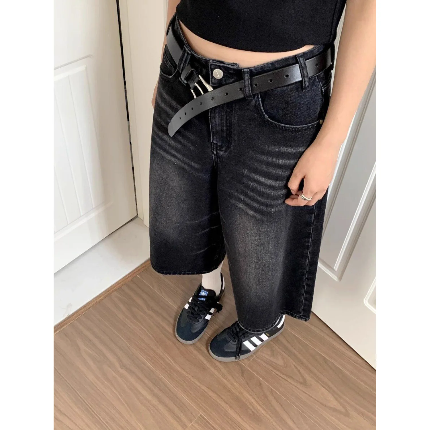 2024 Y 2K Retro Vrouwen Laagbouw Jorts Geborsteld Zwart Wassen Cropped Baggy Jeans Wijde Pijpen Gerafeld Losse Denim Korte Broek Acubi Mode