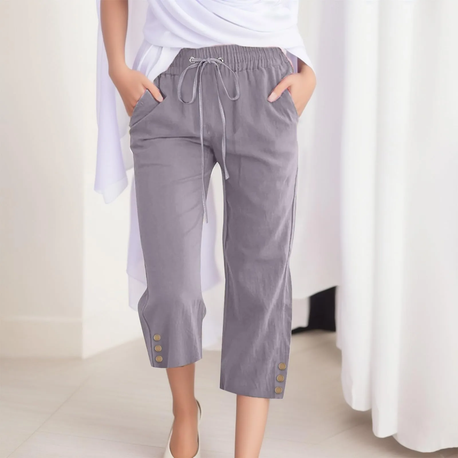 Calça comprida de linho de algodão extragrande feminina, bolsos brancos, calça solta, fundo casual feminino, moda primavera-verão, nova