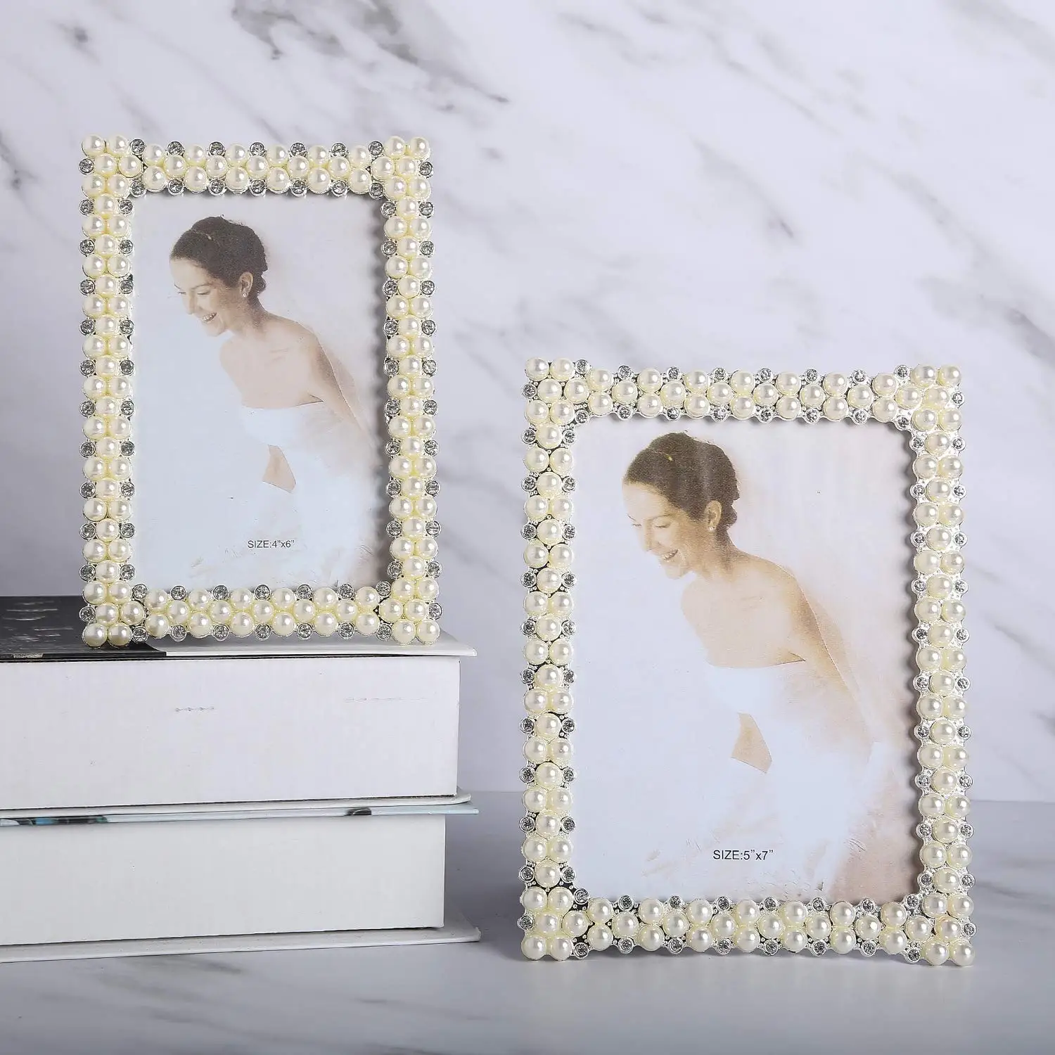 

Pearl with Crystal Decorative Photo Frame Wedding Rhinestones Horizontal and Vertical Decorative Desktop Photo Frame 7 Inch