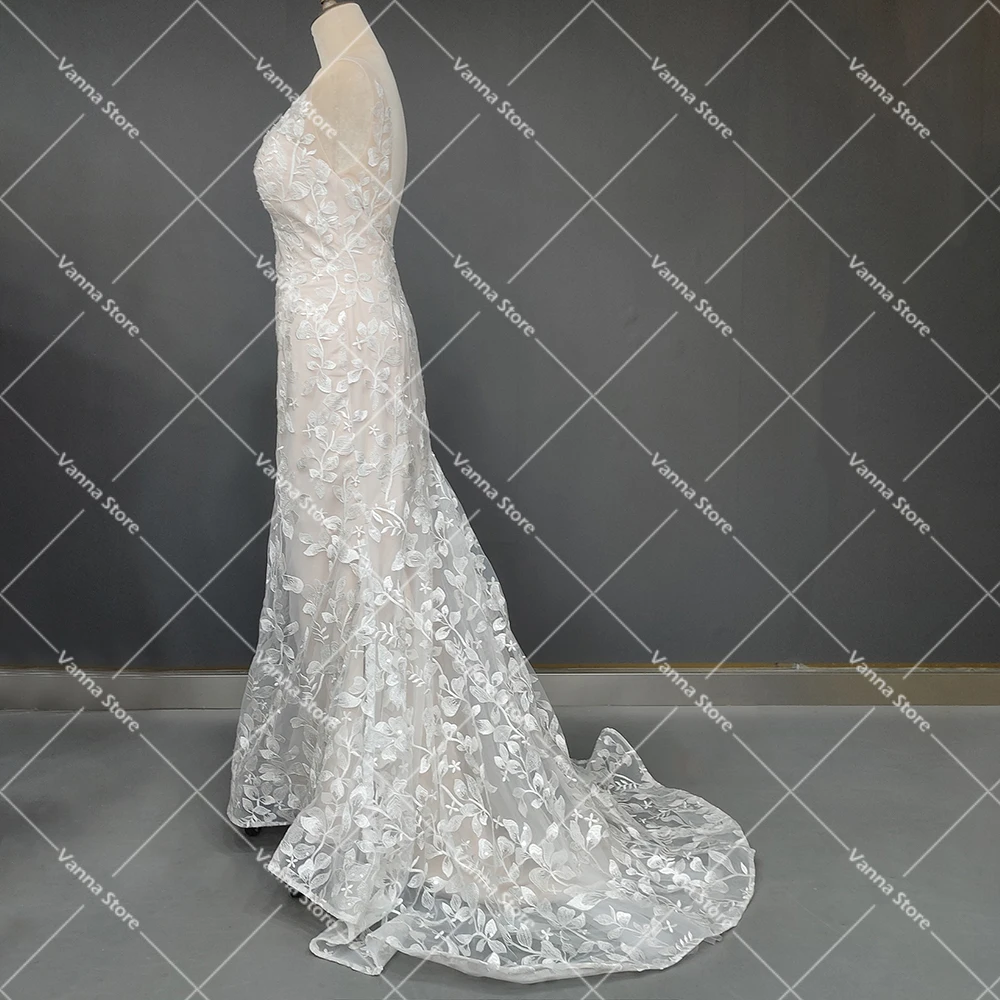 Vestido de novia de encaje bordado de sirena, Espalda descubierta, cuello en V, reloj de arena ajustado, Floral, hecho a medida, maxilentejuelas brillantes, vestidos de novia