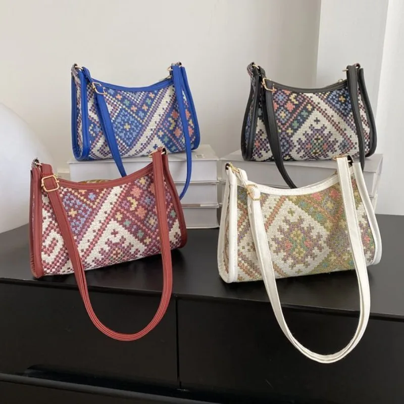 Ladies Ethnic Canvas Bag 2024 New Fashion Shoulder Bag Casual Small Square Bag Printed Contrasting Armpit Bags Women Handbag