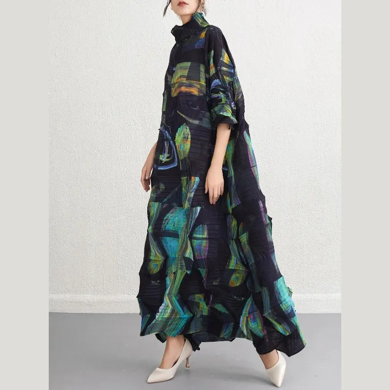 Black Abstract Print Turtleneck Pleated Maxi Dress Long Sleeve Loose Fit Soft Fabric Casual Daily Wear 2025 Trendy Chic Ensemble
