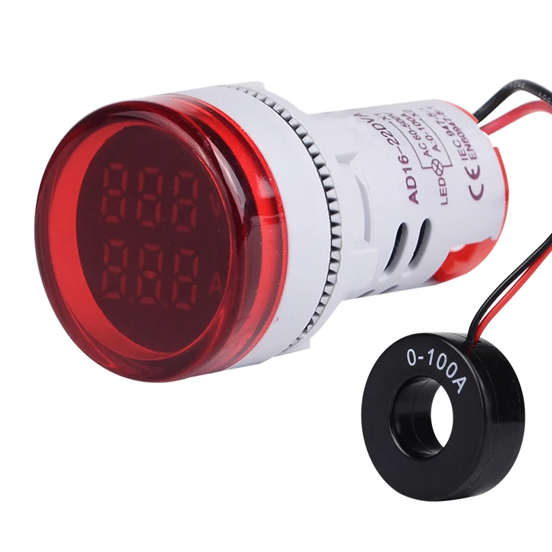 New Round LED Dual Display AC Amp Volt Ampermeter Voltmeter Digital Voltage Current Ampere Meter Indicator 60-500V 220V 100A